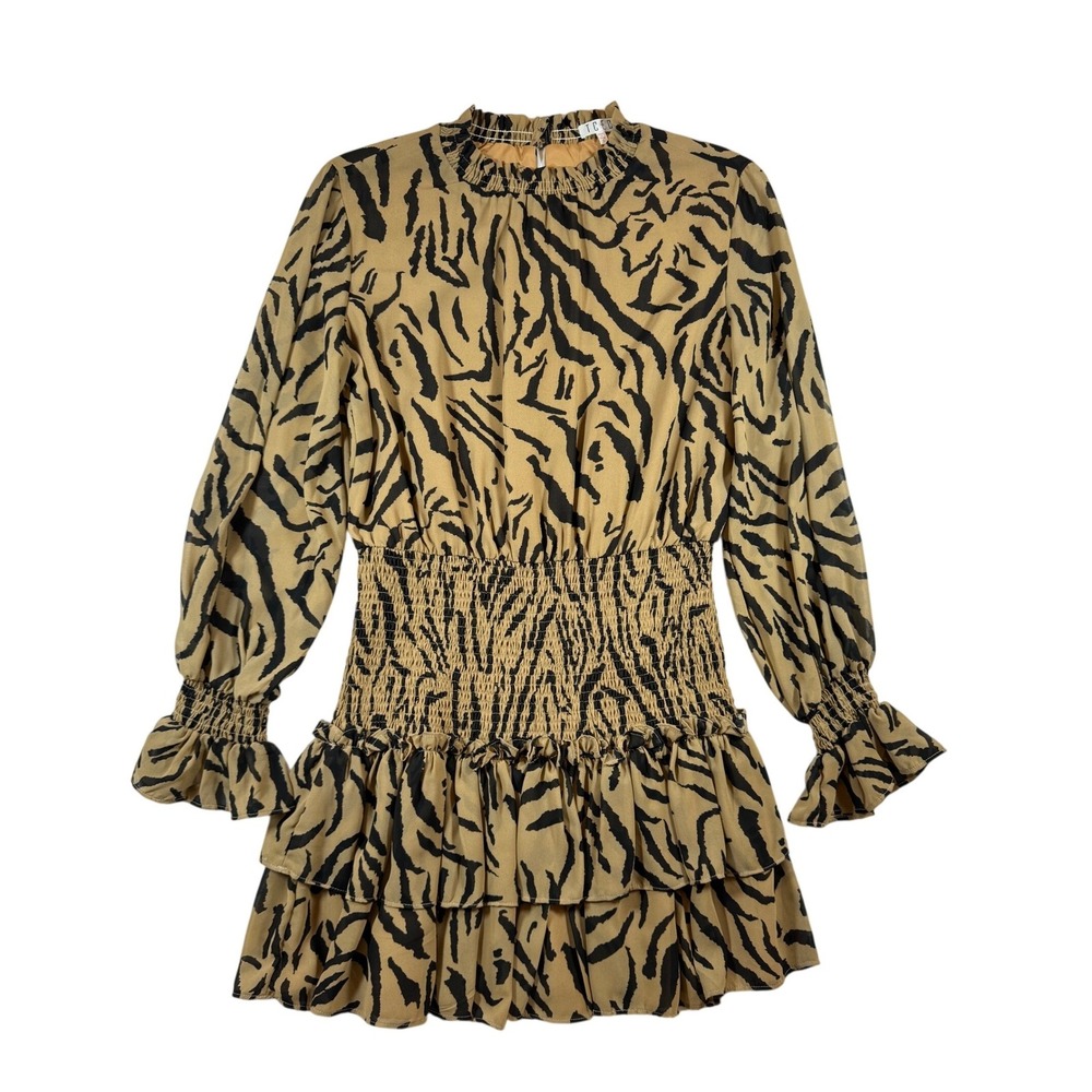 TCEC Tiger Stripe Animal Print Smocked Waist Ruffle Mini Dress Tan Black Large